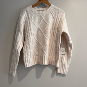 Lucky Brand Ivory Cream Cable Knit Soft Chunky Crew Neck Sweater Medium